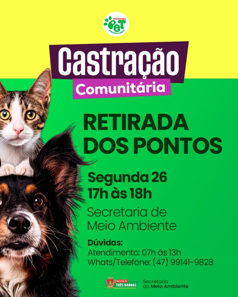 Atenção: Retirada de pontos dos animais castrados acontece nesta segunda-feira (26) Atenção: Retirada de pontos dos animais castrados acontece nesta segunda-feira (26)