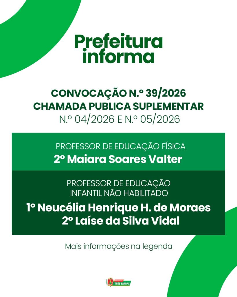 Prefeitura de Três Barras convoca candidatas aprovadas em Chamada Pública Suplementar Prefeitura de Três Barras convoca candidatas aprovadas em Chamada Pública Suplementar