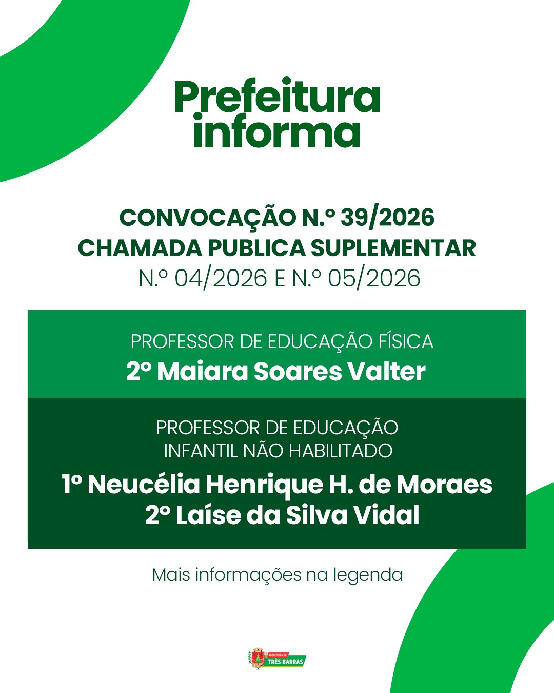 Prefeitura de Três Barras convoca candidatas aprovadas em Chamada Pública Suplementar Prefeitura de Três Barras convoca candidatas aprovadas em Chamada Pública Suplementar