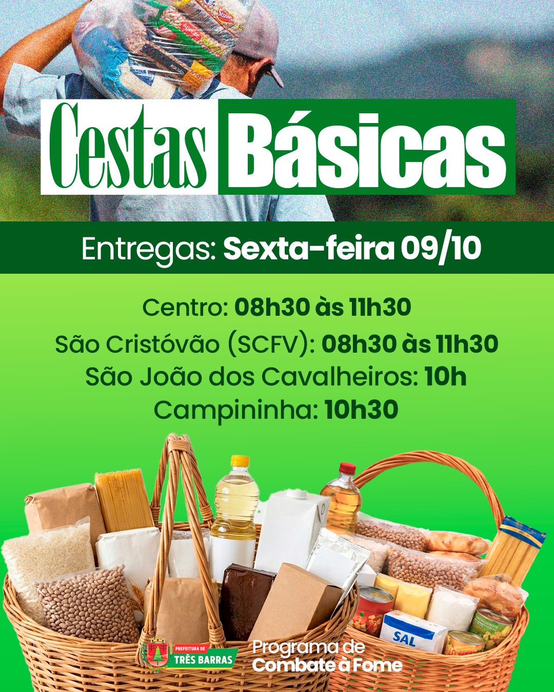 Três Barras: Cestas básicas do Programa de Combate à Fome serão entregues nesta sexta-feira