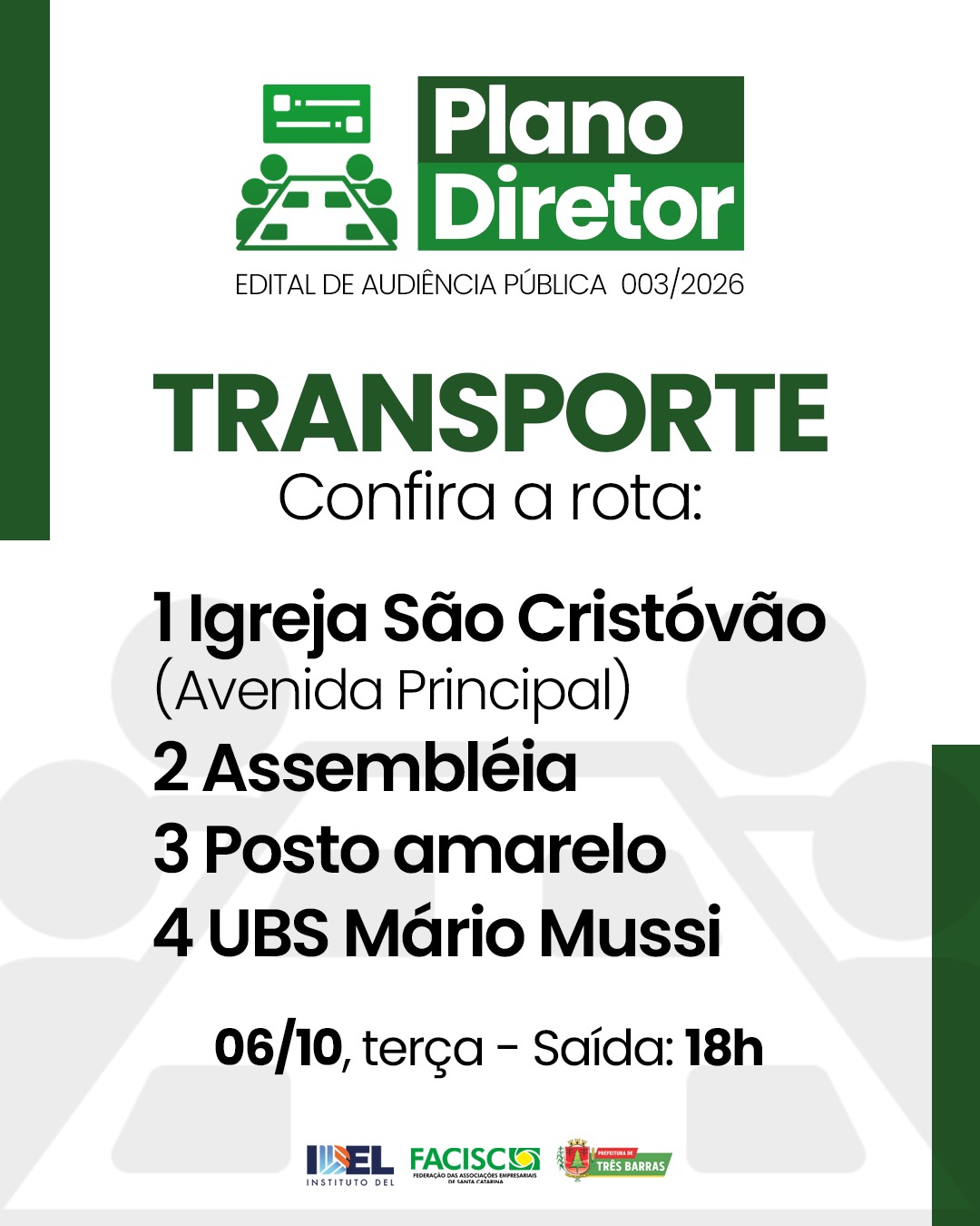 Atenção: Transporte gratuito para a Audiência Pública do Plano Diretor Atenção: Transporte gratuito para a Audiência Pública do Plano Diretor