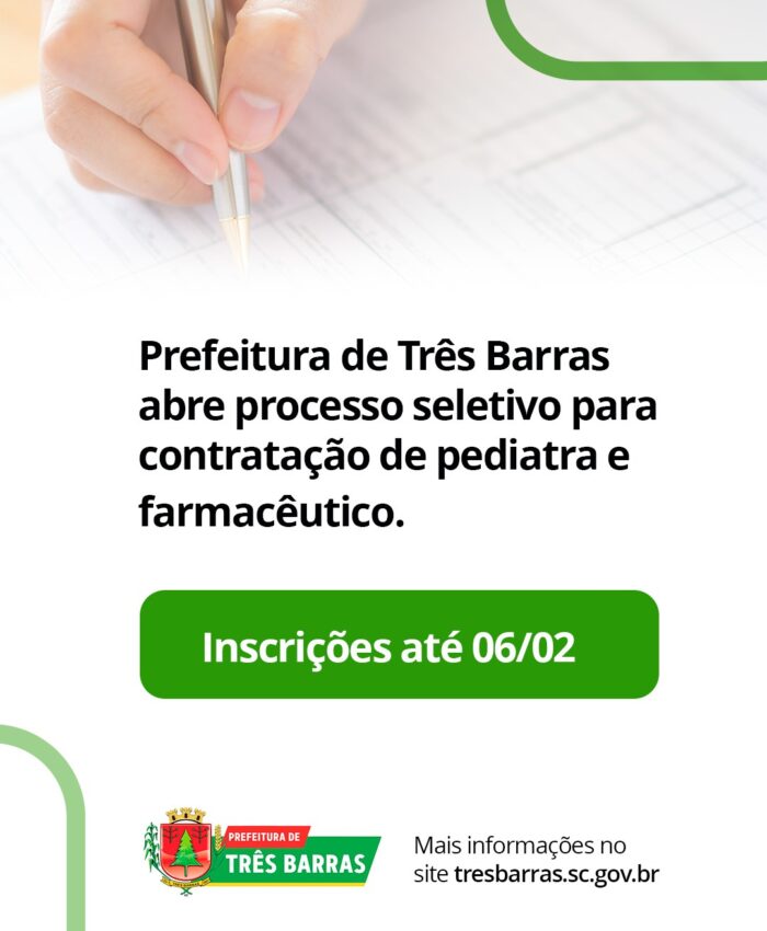 Prefeitura de Três Barras anuncia abertura de Processo Seletivo Simplificado para contratação temporária de Profissionais