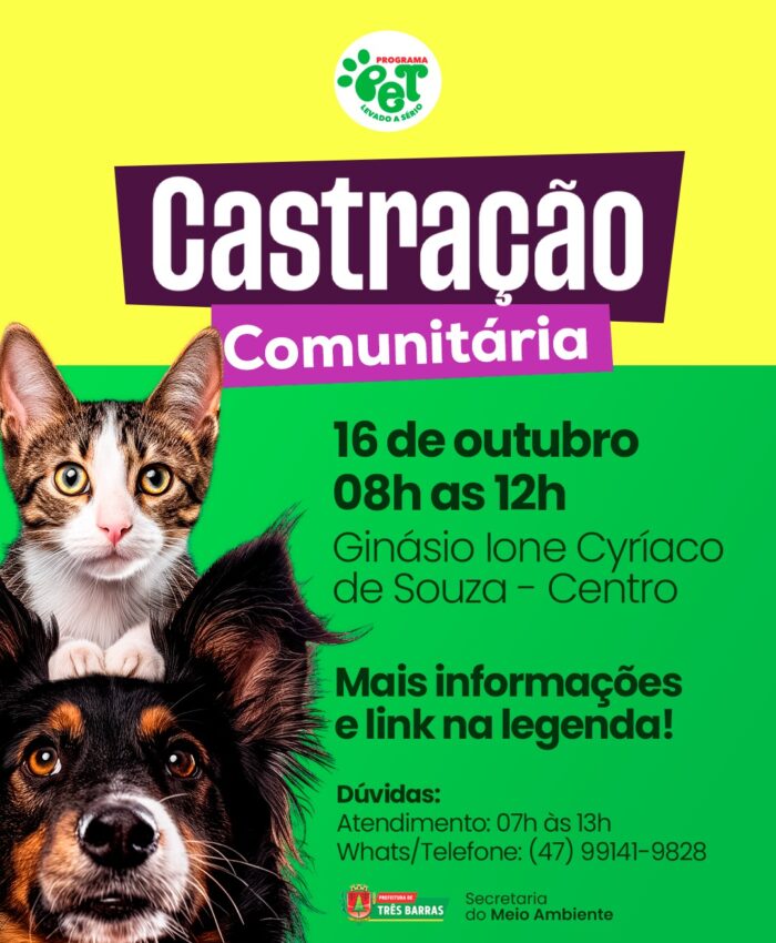 Atenção: Três Barras realiza Mutirão de Castração no dia 16 de Outubro