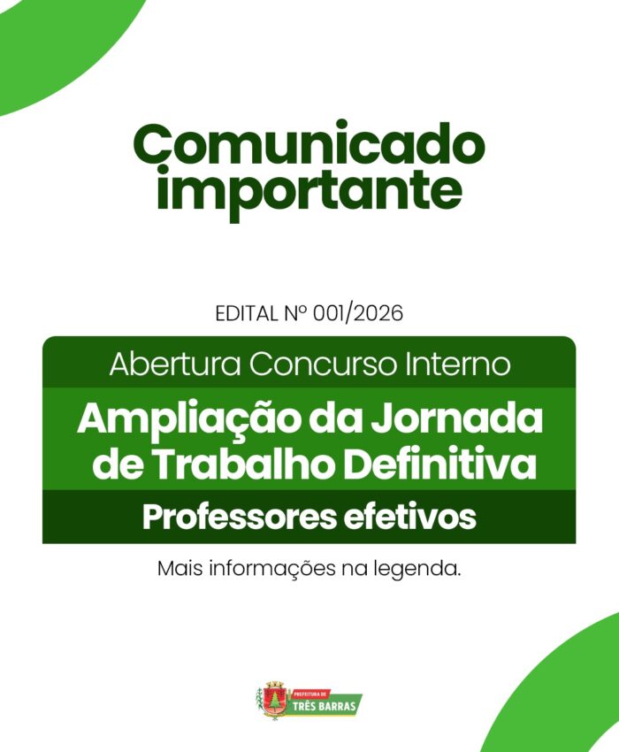 Prefeitura de Três Barras abre concurso interno para ampliação da jornada de trabalho de professores efetivos