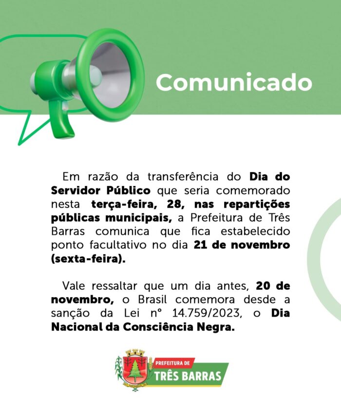 Ponto Facultativo do Dia do Servidor Público foi transferido para o dia 21 de novembro