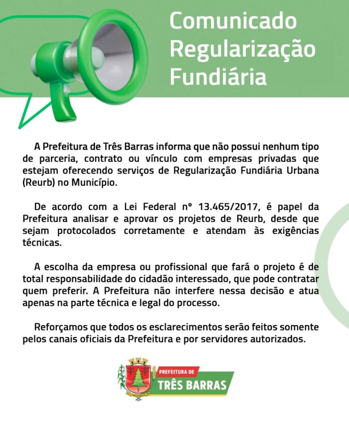 Prefeitura de Três Barras divulga comunicado sobre REURB