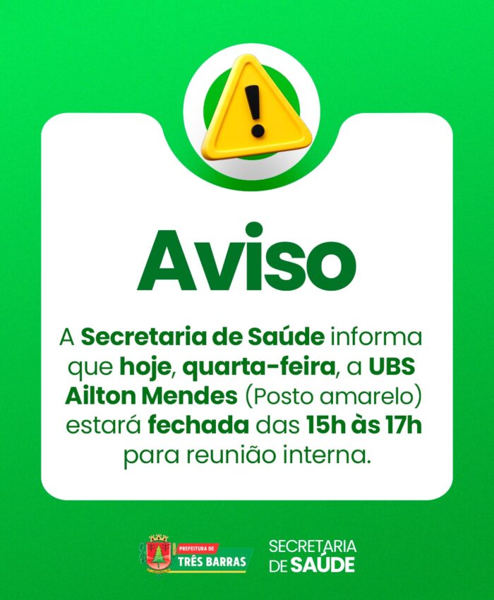UBS Ailton Mendes terá funcionamento reduzido nesta sexta-feira, 10 de Junho