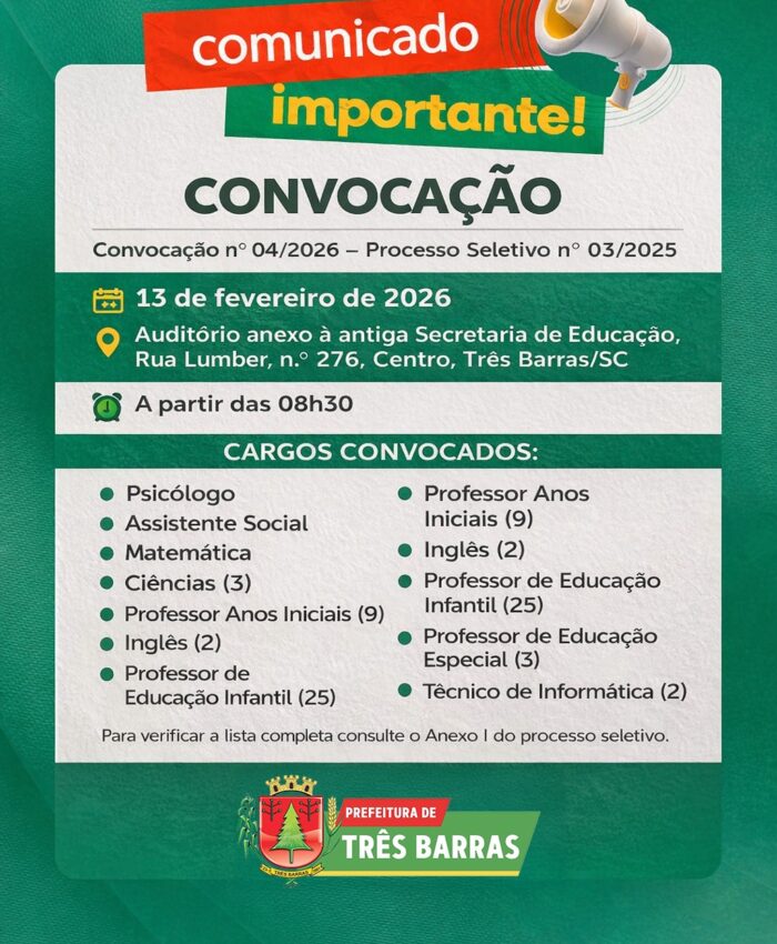 Prefeitura de Três Barras convoca candidatos aprovados nos Processos Seletivos