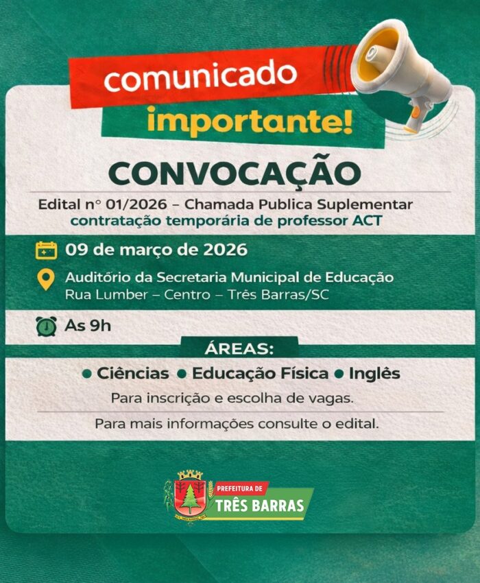 Prefeitura de Três Barras divulga Edital da 1ª Chamada Pública Suplementar para Contratação Temporária
