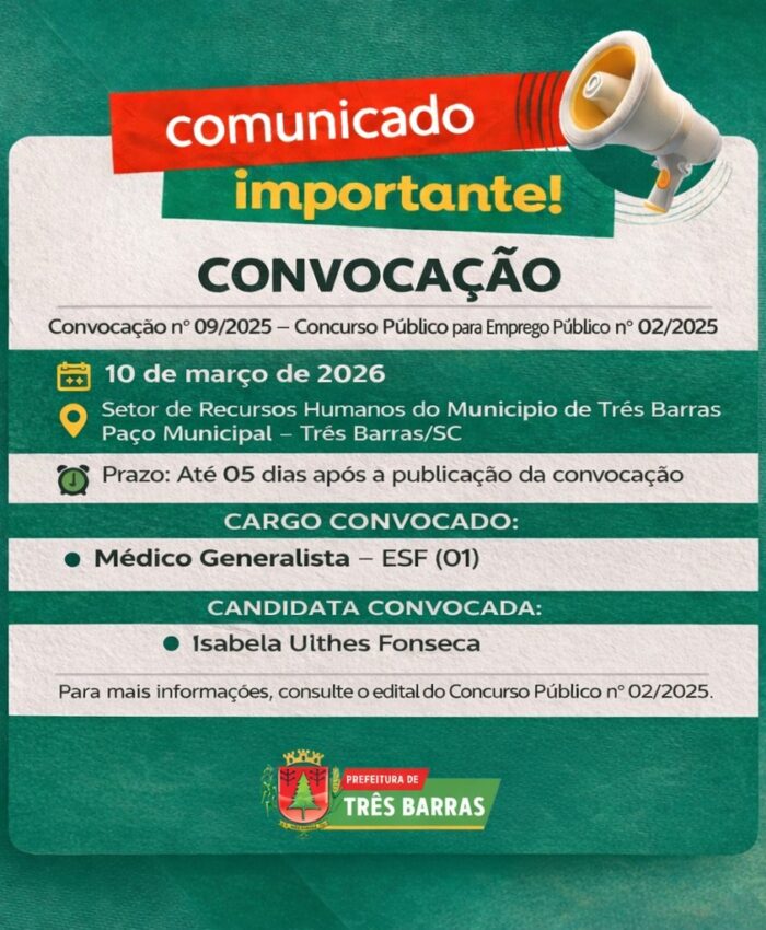 Prefeitura de Três Barras convoca candidata aprovada em Concurso Público