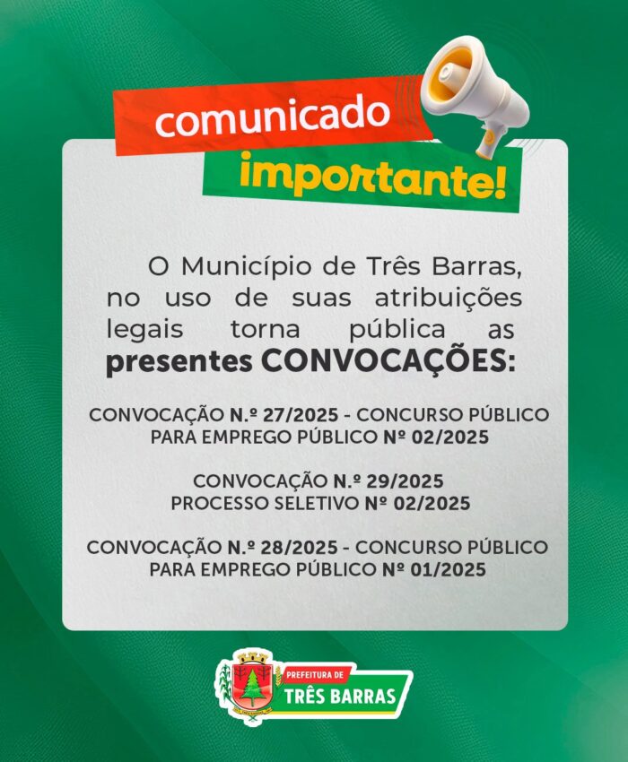 Três Barras emite convocação para candidatos aprovados em Concursos Públicos
