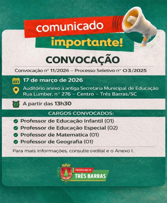 Prefeitura de Três Barras convoca candidatas aprovadas em Processo Seletivo