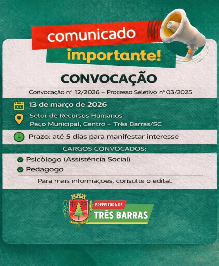 Três Barras divulga convocação de candidatos aprovados no Processo Seletivo (03/2025)