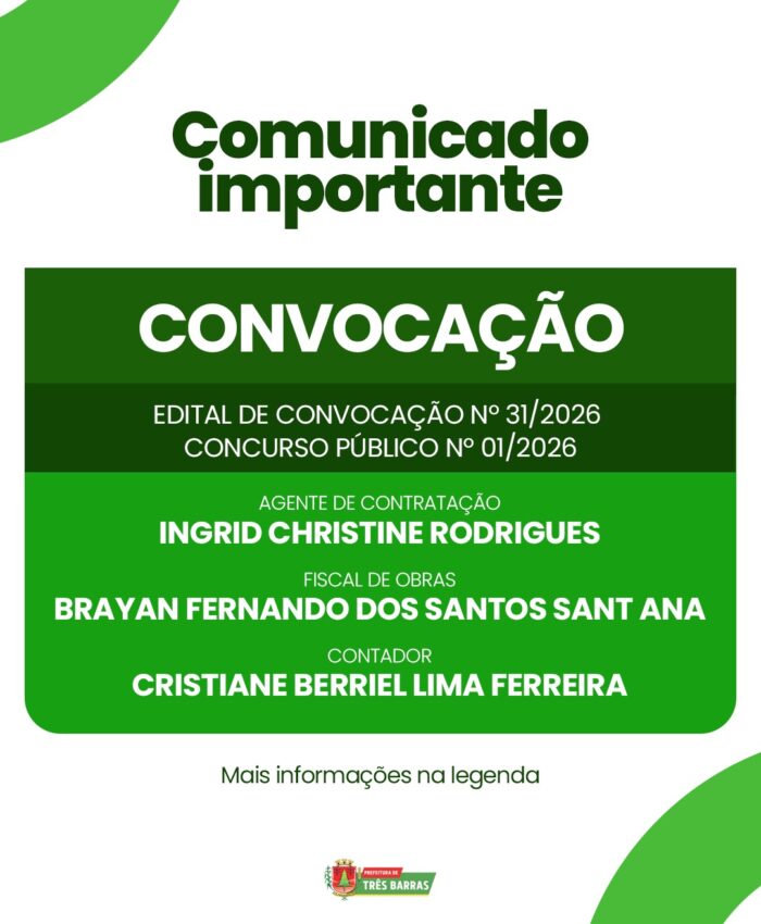 Prefeitura de Três Barras convoca candidatos aprovados em Concurso Público