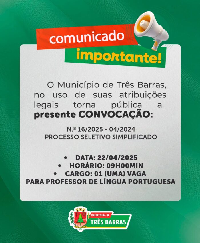 Prefeitura de Três Barras divulga Convocação para candidata aprovada em Processo Seletivo Simplificado