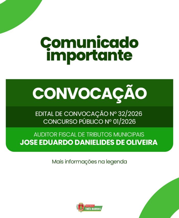Prefeitura de Três Barras convoca candidato aprovado em Concurso Público