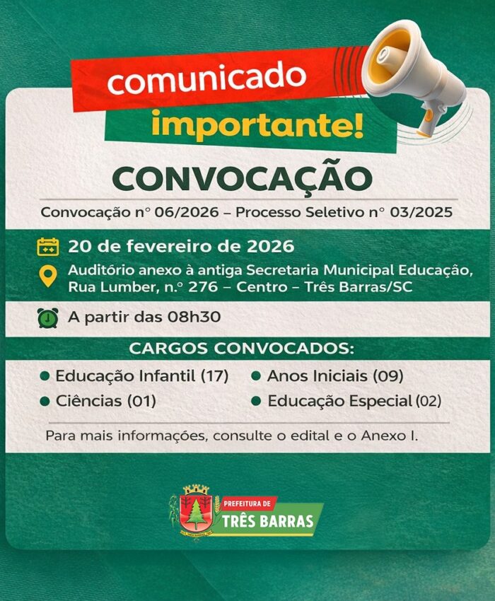 Prefeitura de Três Barras divulga convocação Nº 06/2026