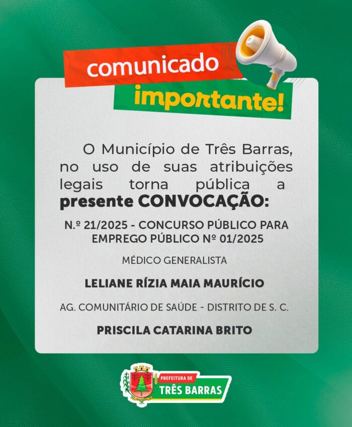 Três Barras emite convocação das candidatas aprovadas no Concurso Público para Emprego Público
