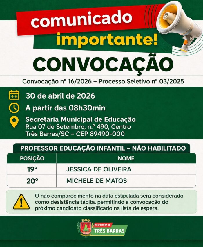 Prefeitura de Três Barras convoca aprovadas em Processo Seletivo