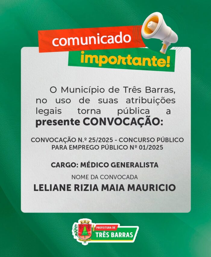 Prefeitura de Três Barras convoca candidata aprovada em Concurso Público para Emprego Público