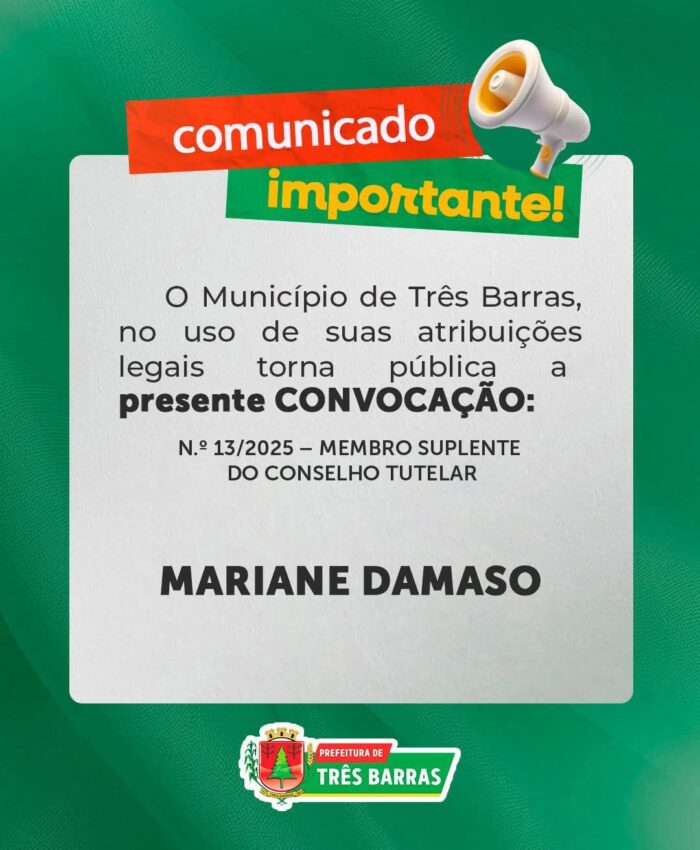 Prefeitura de Três Barras convoca Conselheira Tutelar para tomar posse do cargo