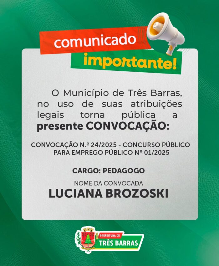 Prefeitura de Três Barras convoca candidata aprovada em Concurso Público para Emprego Público