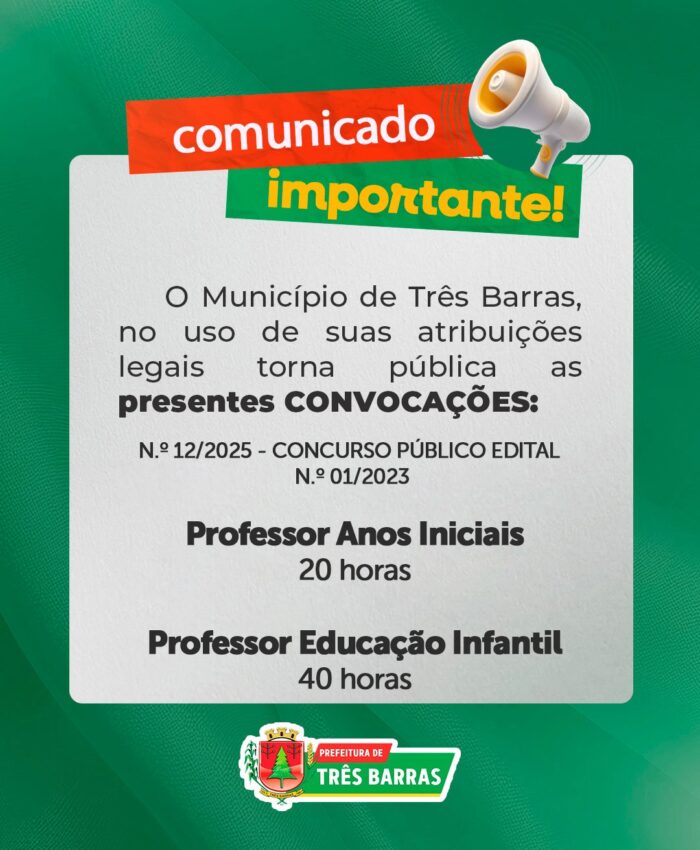 Três Barras divulga convocações de Profissionais da área da Educação