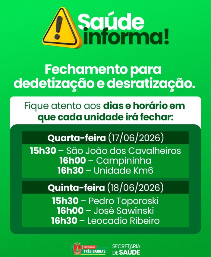Três Barras: Unidades Básicas de Saúde receberão nesta semana dedetizações e desratizações
