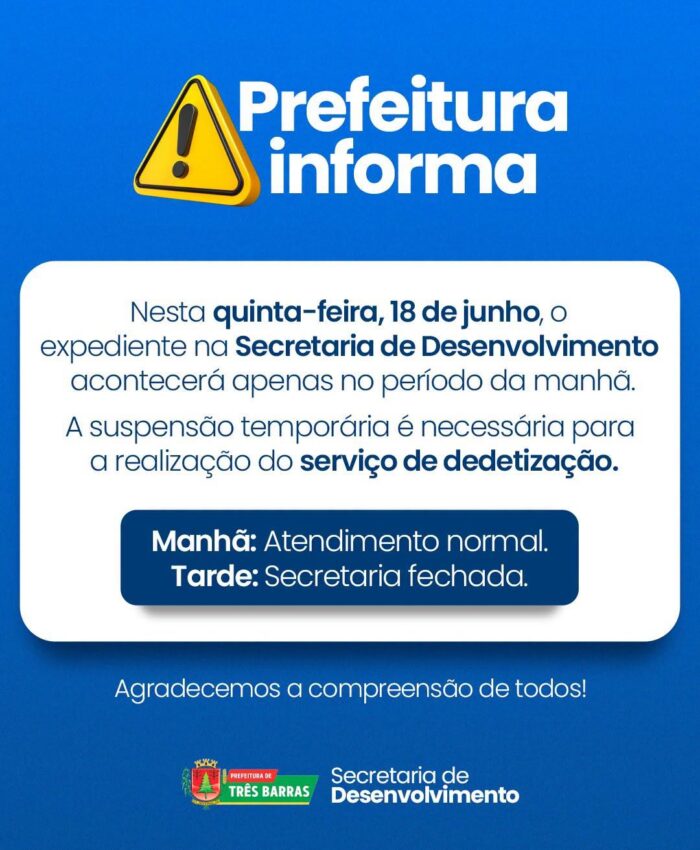 Secretaria de Desenvolvimento Econômico estará fechada na tarde desta quinta-feira, 18