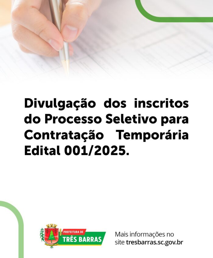 Prefeitura de Três Barras divulga lista de inscritos do Processo Seletivo para Contratação Temporária