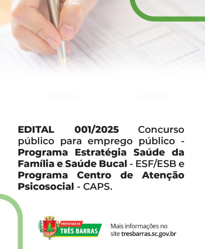 Atenção: Prefeitura de Três Barras lança Edital de Concurso Público para Emprego Público