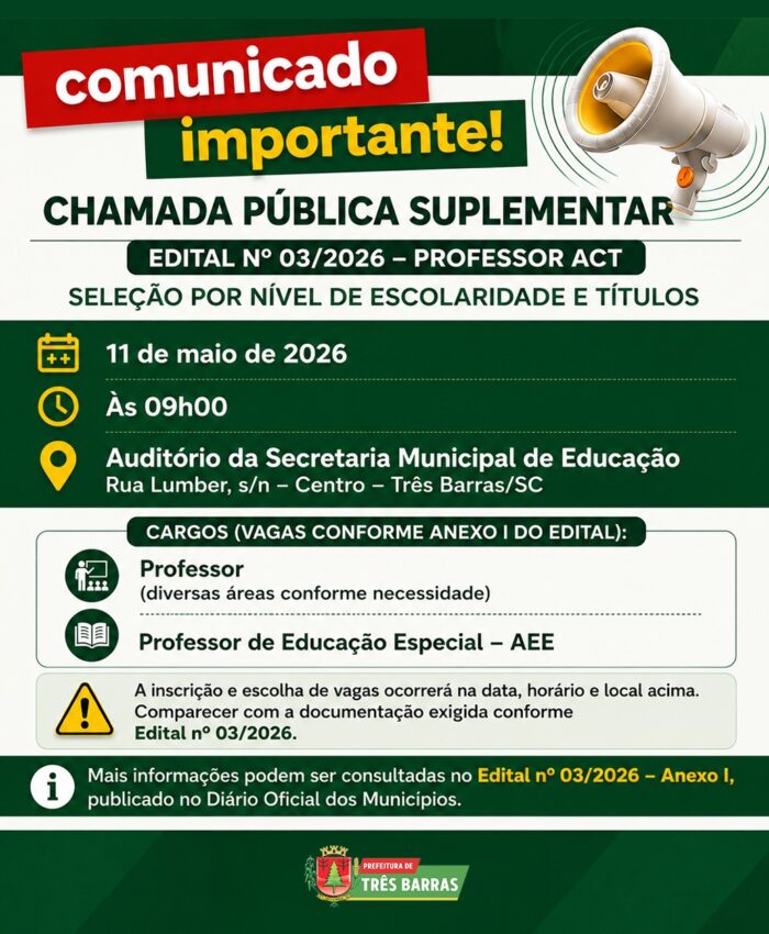 Três Barras divulga Chamada Pública Suplementar para Professores ACT