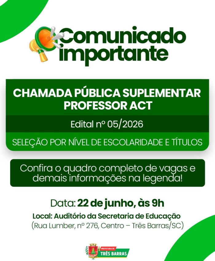 Educação: Três Barras divulga Chamada Pública Suplementar para Professor ACT
