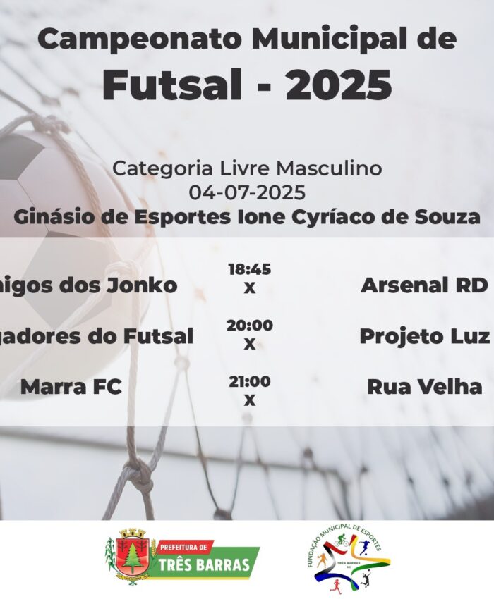 Confira os horários e partidas da 6ª Rodada do Campeonato Municipal de Futsal de Três Barras
