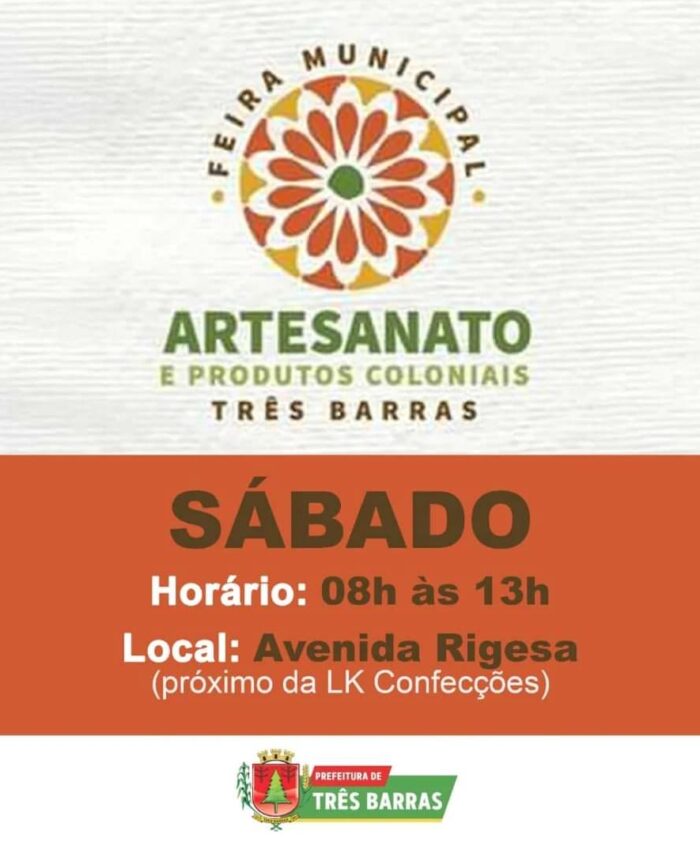 Neste sábado, dia 05 de julho, tem nova edição da Feira Municipal de Artesanatos e Produtos Coloniais