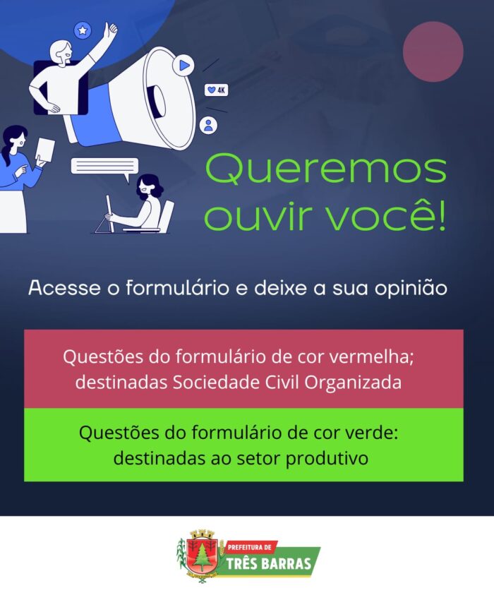 Prefeitura de Três Barras lança formulário com questionamentos relacionados a Sociedade Civil Organizada e o Setor Produtivo
