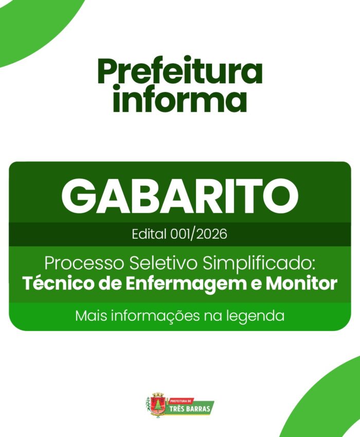 Três Barras divulga Gabaritos referentes o Edital 001/2026