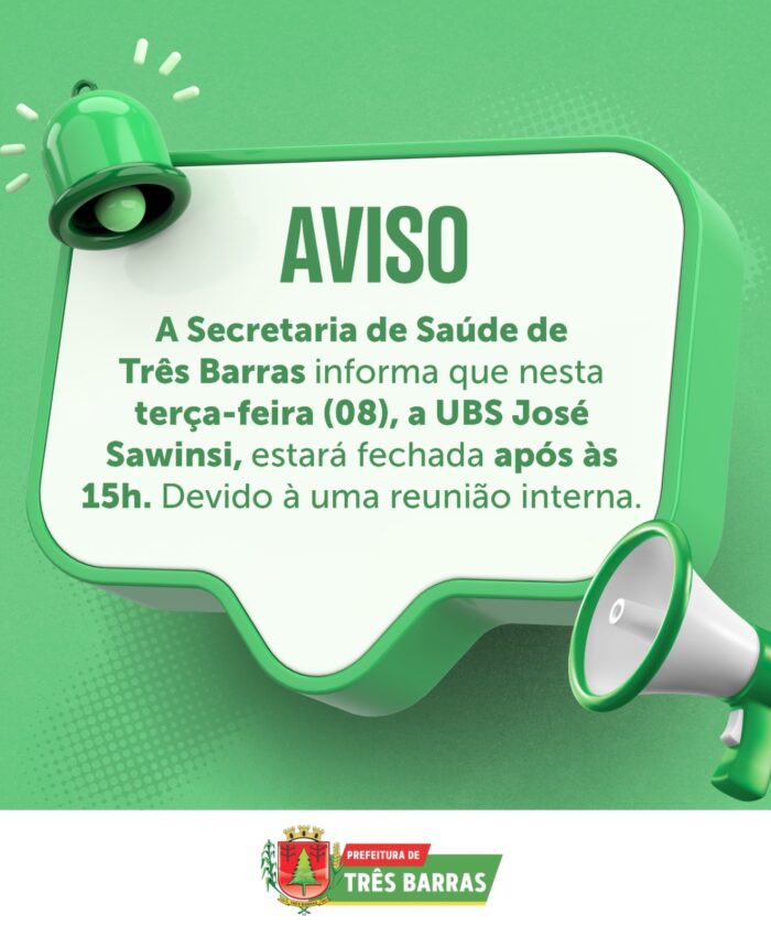 UBS José Sawinski terá funcionamento reduzido nesta próxima terça-feira, dia 08