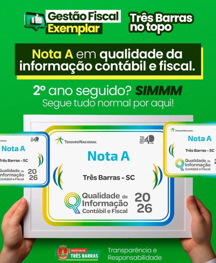 Três Barras conquista pelo segundo ano consecutivo a Nota A na qualidade da informação contábil e fiscal