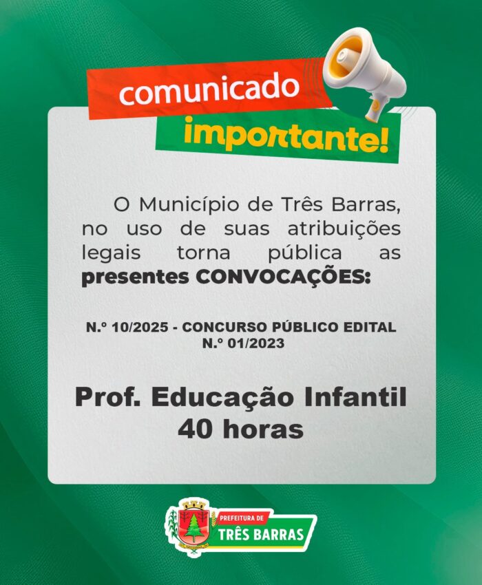 Prefeitura de Três Barras convoca profissionais de Educação Física 40 horas