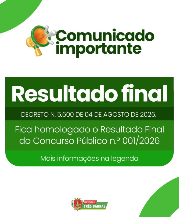 Três Barras divulga Resultado Final referente ao Concurso Público nº 001/2026