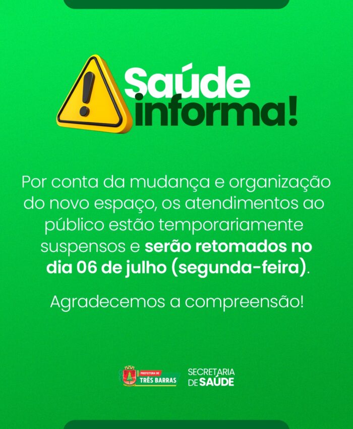 Atenção: Mudanças no atendimento da Secretaria de Saúde de Três Barras