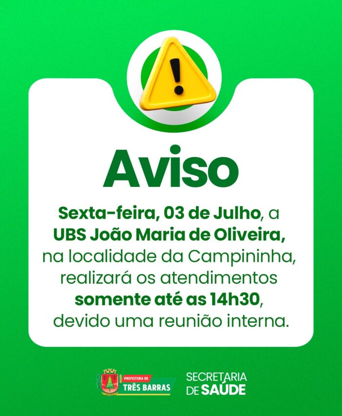 UBS João Maria de Oliveira da Localidade da Campininha terá atendimento reduzido nesta sexta-feira, 03 de Julho