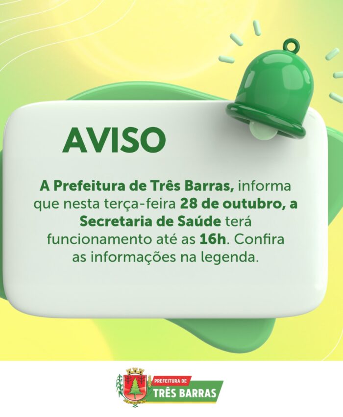 Secretaria de Saúde de Três Barras terá funcionamento reduzido nesta terça-feira, 28 de outubro