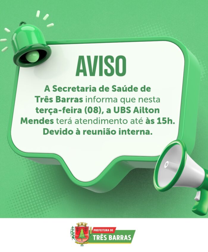 UBS Ailton Mendes terá funcionamento reduzido nesta terça-feira, dia 08