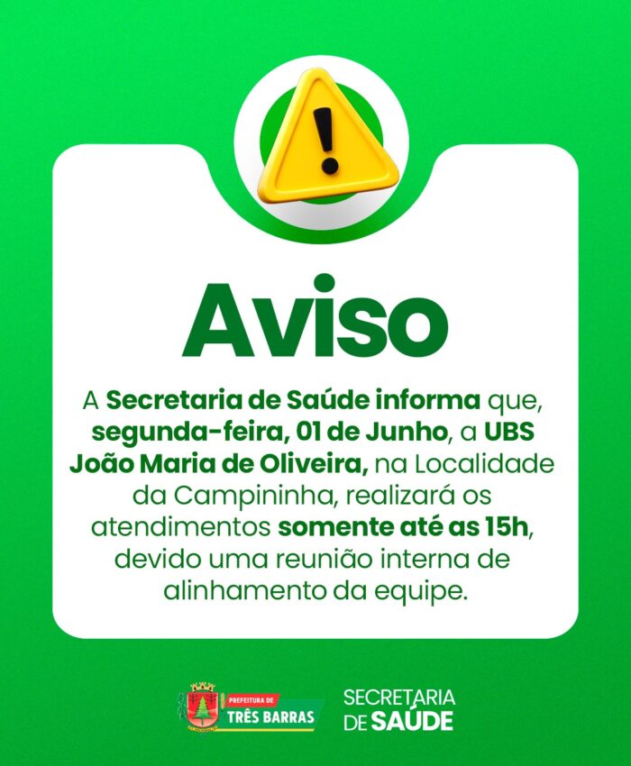 Expediente na UBS João Maria de Oliveira terá horário reduzido na próxima segunda-feira, 1º de junho