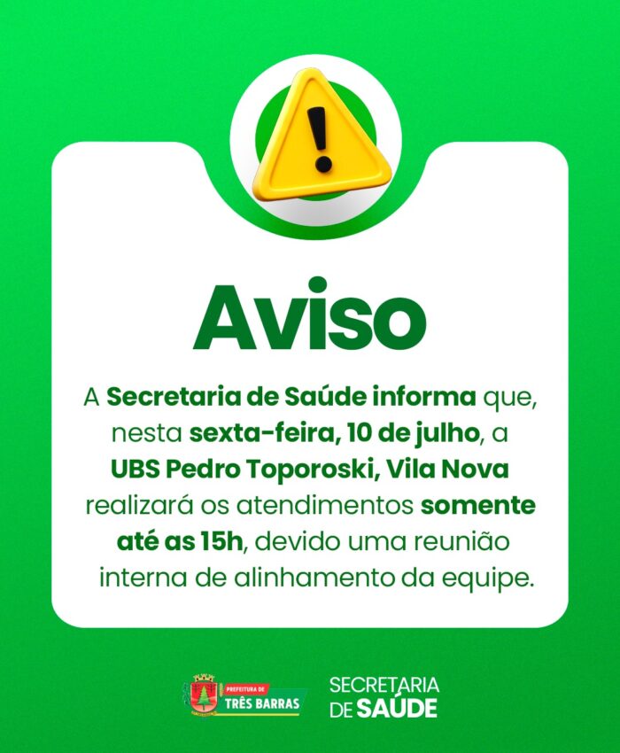 UBS Pedro Toporoski terá atendimento reduzido nesta sexta-feira, 10 de Julho