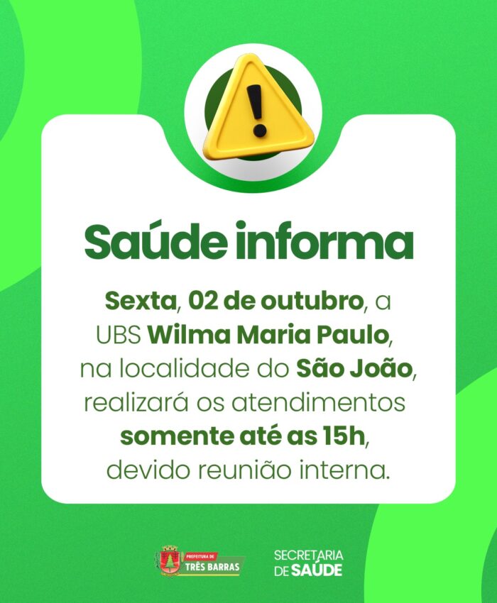 UBS Wilma Maria Paulo terá funcionamento reduzido nesta sexta-feira, 02 de outubro