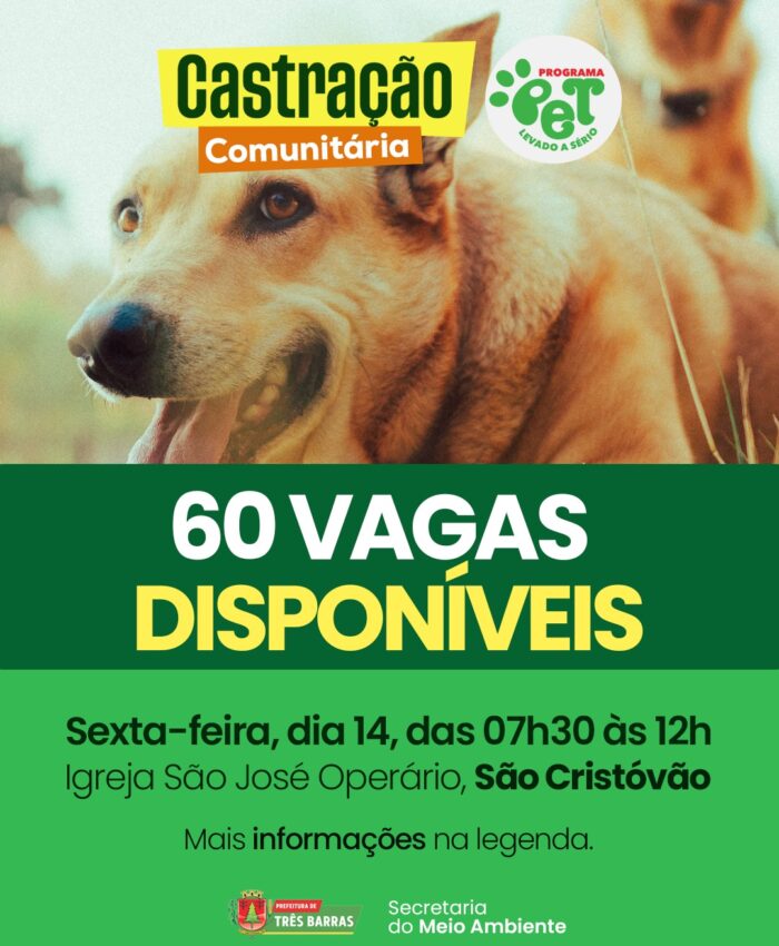 Atenção: Três Barras divulga vagas disponíveis para a Campanha de Castração Comunitária