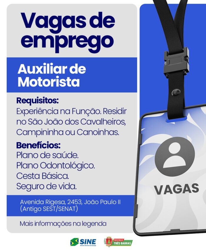 Três Barras: SINE divulga vaga para Auxiliar de Motorista
